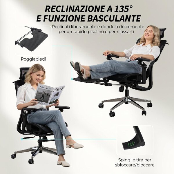 Icon Space Sedia da Ufficio Ergonomica Reclinabile con Braccioli e Poggiatesta colore Nero