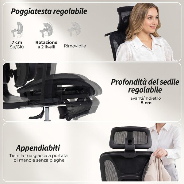Icon Space Sedia da Ufficio Ergonomica Reclinabile con Braccioli e Poggiatesta colore Nero