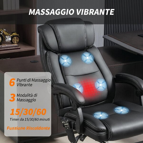 Icon Space Sedia da Ufficio Ergonomica Reclinabile Massaggiante e Riscaldata in Pelle PU con Poggiapiedi colore Nero