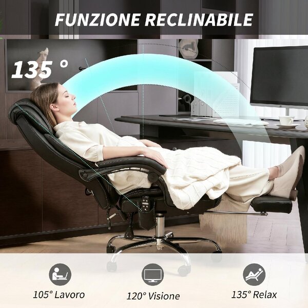 Icon Space Sedia da Ufficio Ergonomica Reclinabile Massaggiante e Riscaldata in Pelle PU con Poggiapiedi colore Nero