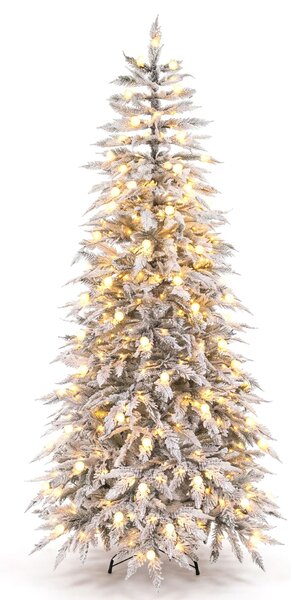 Costway Albero di natale innevato con luci incorporati e regolabili, Christmas tree ignifugo con 526 rami 280 luci led 72 pigne e base a croce 210 cm