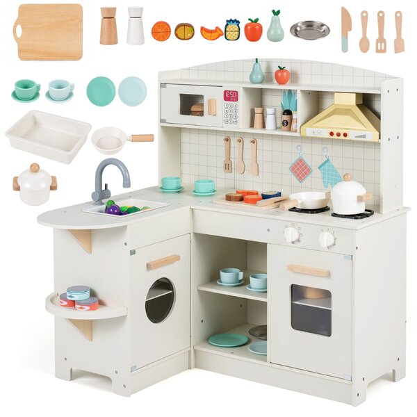 Costway Cucina giocattolo angolare con forno a microonde piano cottura cappa aspirante lavello e rubinetto, Cucina giocattolo in legno con 23 accessori