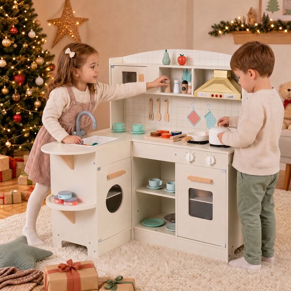 Costway Cucina giocattolo angolare con forno a microonde piano cottura cappa aspirante lavello e rubinetto, Cucina giocattolo in legno con 23 accessori