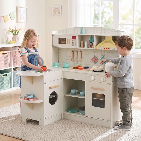 Costway Cucina giocattolo angolare con forno a microonde piano cottura cappa aspirante lavello e rubinetto, Cucina giocattolo in legno con 23 accessori