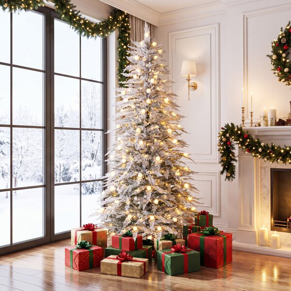 Costway Albero di natale innevato con luci incorporati e regolabili, Christmas tree ignifugo con 526 rami 280 luci led 72 pigne e base a croce 210 cm