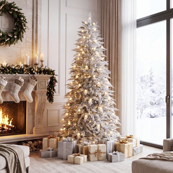 Costway Albero di natale innevato con luci incorporati e regolabili, Christmas tree ignifugo con 526 rami 280 luci led 72 pigne e base a croce 210 cm