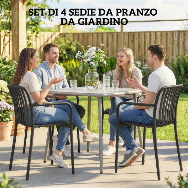 VivaGarden Sedia per Esterni Impilabile Set 4 Sedie da Giardino in PP Dimensioni 55x58.5x81.5 cm colore Nero