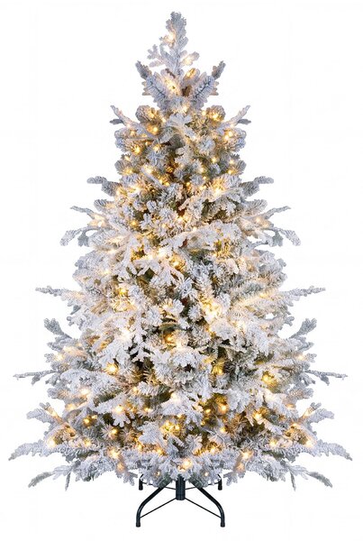 Costway Albero di natale innevato con 528 punte di ramo foglie in pve e pe base in metallo pieghevole, Albero di natale artificiale 150 cm con 180 luci led