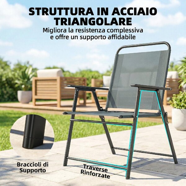 VivaGarden Sedia per Esterni Pieghevole Set 2 Sedie da Giardino in Acciaio Dimensioni 65x60x94 cm colore Grigio