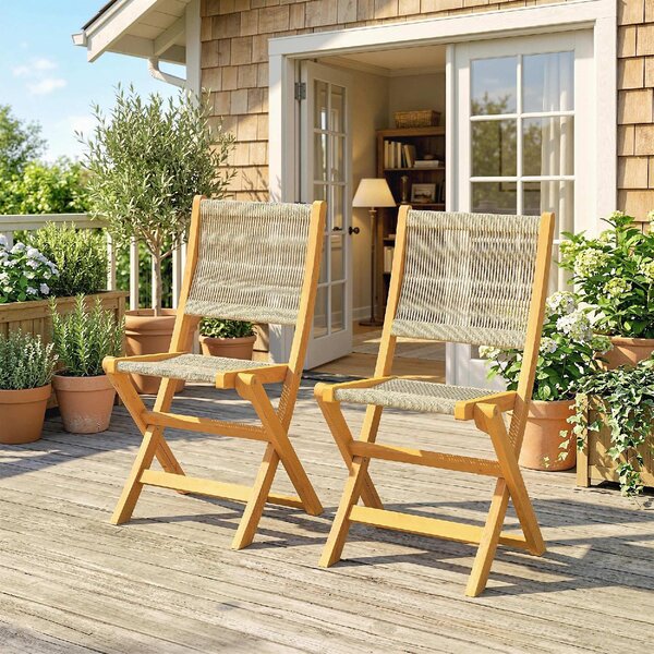 VivaGarden Sedia per Esterni Pieghevole Set 2 Sedie da Giardino in Legno/Rattan Dimensioni 48x55.5x88 cm colore Naturale/Beige