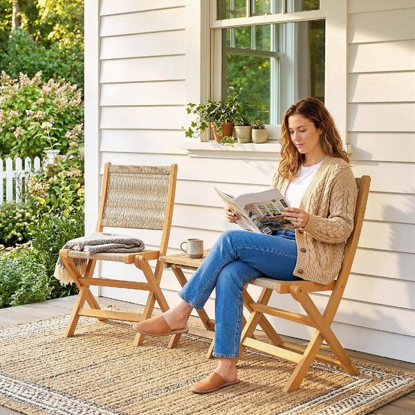VivaGarden Sedia per Esterni Pieghevole Set 2 Sedie da Giardino in Legno/Rattan Dimensioni 48x55.5x88 cm colore Naturale/Beige