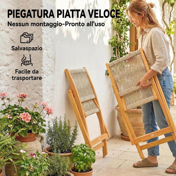 VivaGarden Sedia per Esterni Pieghevole Set 2 Sedie da Giardino in Legno/Rattan Dimensioni 48x55.5x88 cm colore Naturale/Beige