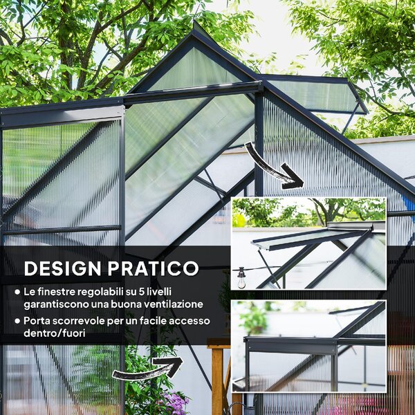 VivaGarden Serra in Policarbonato e Alluminio con Porta a Battente e Finestra a Tetto 3.6m2 colore Grigio