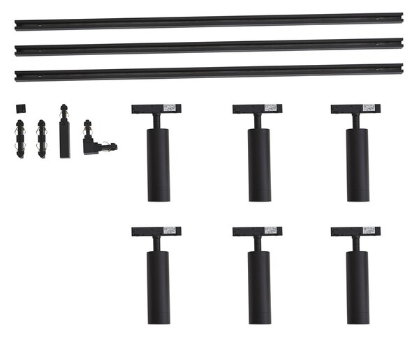 Sistema di illuminazione a binario moderno con 6 faretti neri monofase - Slimline Uzzy