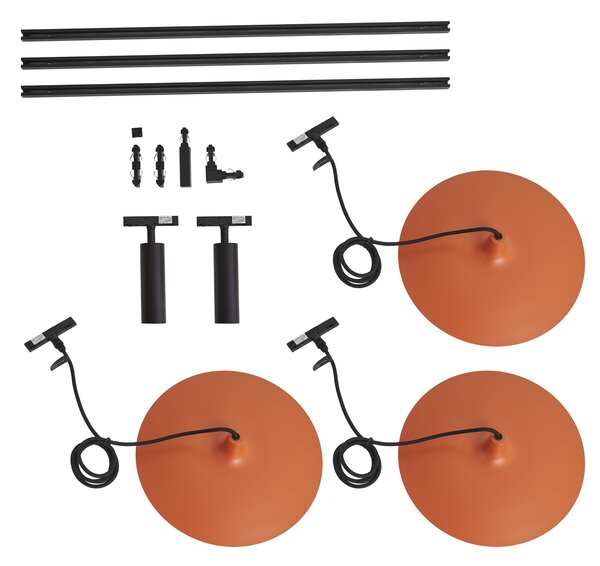 Sistema di illuminazione a binario moderno nero con 2 faretti e 3 luci a sospensione arancioni monofase - Slimline Uzzy Panzi