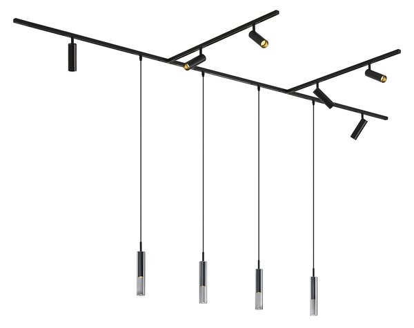 Sistema di illuminazione a binario moderno nero con 6 faretti e 4 luci a sospensione monofase - Slimline Uzzy Loyce