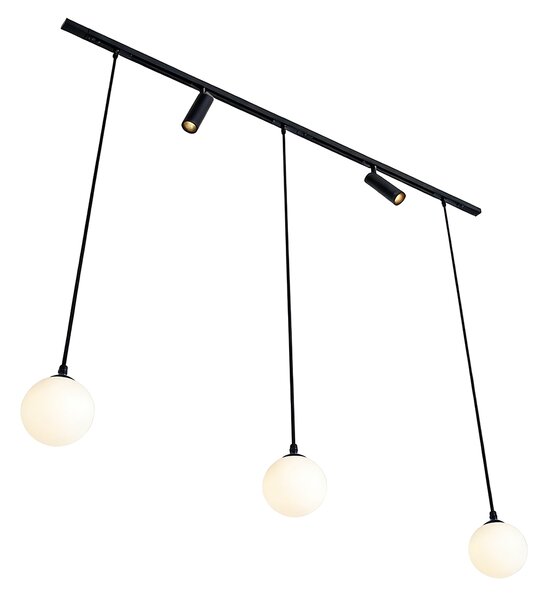 Sistema di illuminazione a binario moderno nero con 2 faretti e 3 luci a sospensione monofase - Slimline Uzzy Eira