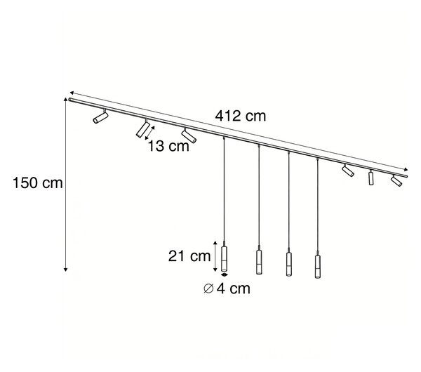 Sistema di illuminazione a binario moderno nero con 6 faretti e 4 luci a sospensione monofase - Slimline Uzzy Loyce