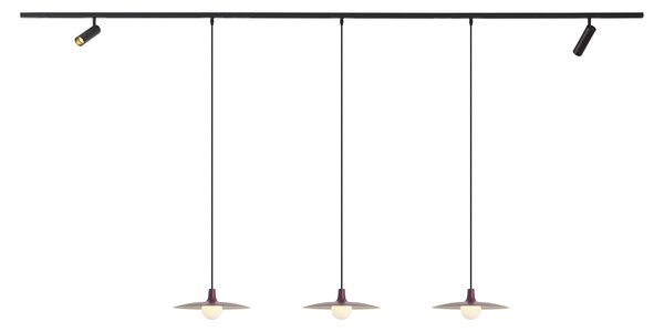 Sistema di illuminazione a binario moderno nero con 2 faretti e 3 lampade a sospensione viola monofase - Slimline Uzzy Panzi