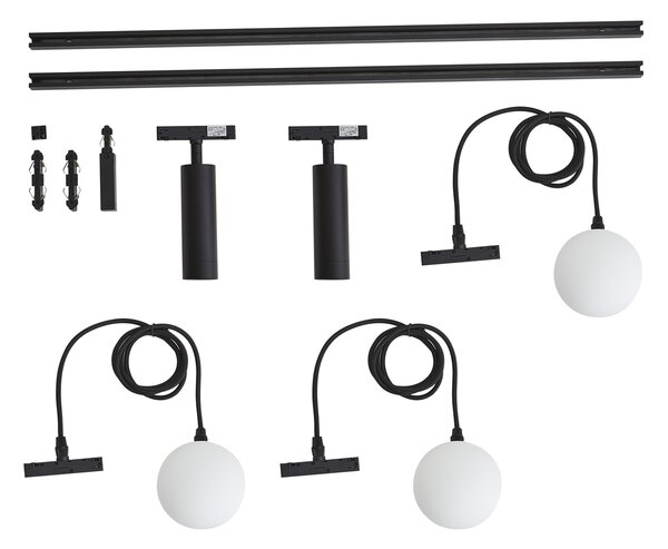 Sistema di illuminazione a binario moderno nero con 2 faretti e 3 luci a sospensione monofase - Slimline Uzzy Eira