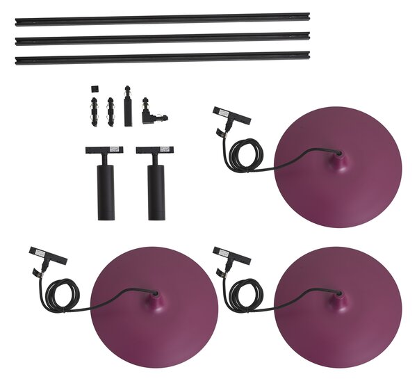 Sistema di illuminazione a binario moderno nero con 2 faretti e 3 lampade a sospensione viola monofase - Slimline Uzzy Panzi