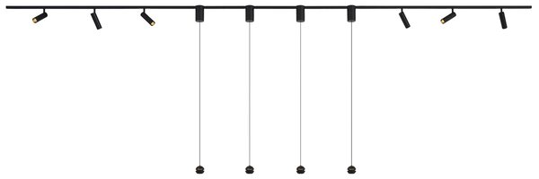 Sistema di illuminazione a binario moderno nero con 6 faretti e 4 lampade a sospensione Easylift monofase - Slimline Uzzy Tira