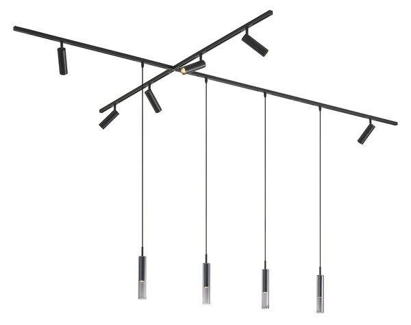 Sistema di illuminazione a binario moderno nero con 6 faretti e 4 luci a sospensione monofase - Slimline Uzzy Loyce