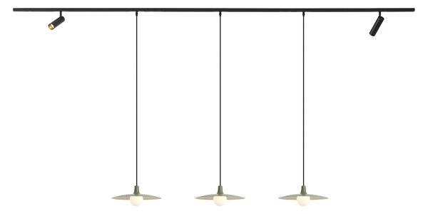 Sistema di illuminazione a binario moderno nero con 2 faretti e 3 lampade a sospensione verdi monofase - Slimline Uzzy Panzi