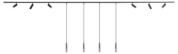 Sistema di illuminazione a binario moderno nero con 6 faretti e 4 luci a sospensione monofase - Slimline Uzzy Loyce