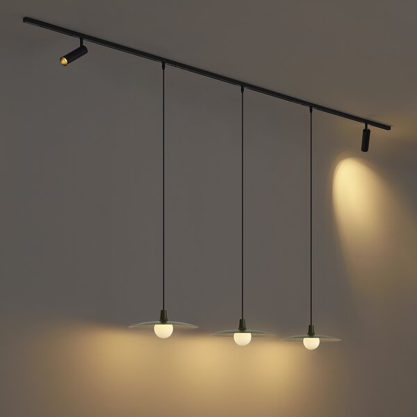 Sistema di illuminazione a binario moderno nero con 2 faretti e 3 lampade a sospensione verdi monofase - Slimline Uzzy Panzi