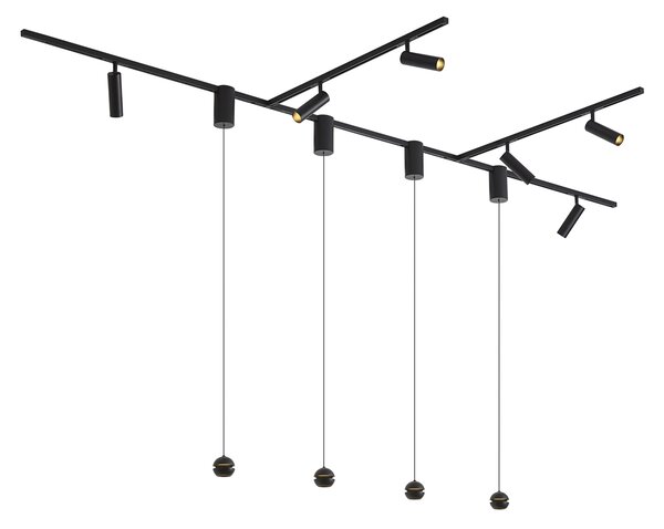 Sistema di illuminazione a binario moderno nero con 6 faretti e 4 lampade a sospensione Easylift monofase - Slimline Uzzy Tira
