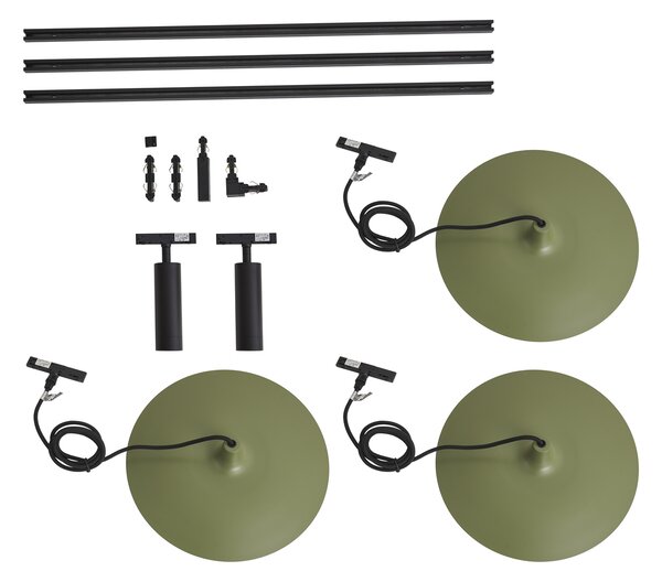 Sistema di illuminazione a binario moderno nero con 2 faretti e 3 lampade a sospensione verdi monofase - Slimline Uzzy Panzi