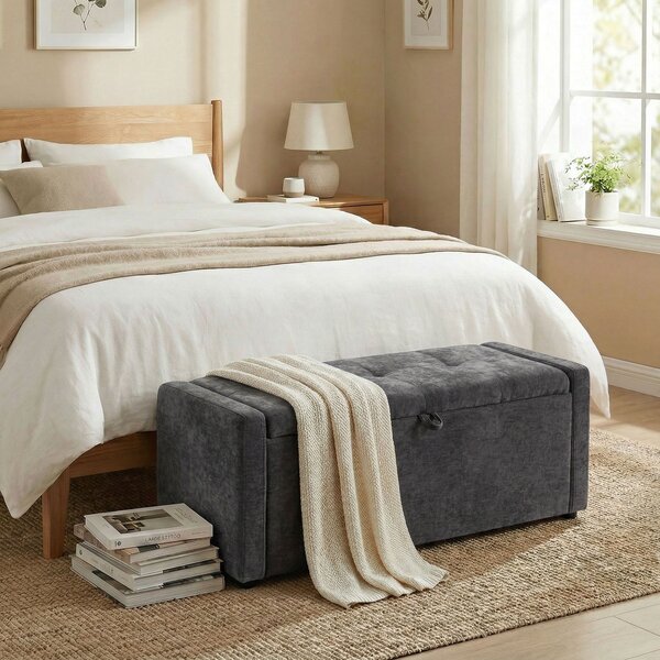 HOMCOM Cassapanca 142L Pouf Contenitore, Seduta Ampia Imbottita, in Lino, Capacità 200 kg, Grigio Scuro | Aosom Italy