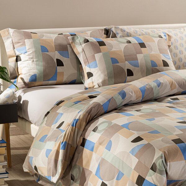 Completo Copripiumino In Cotone Tech Singolo Caleffi Geo Design Bluette Caleffi