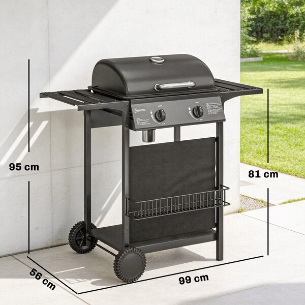 Outsunny Barbecue Gas, 2 Bruciatori, Tavolini Laterali, Vassoio Raccogli Grassi, Nero. | Aosom Italy