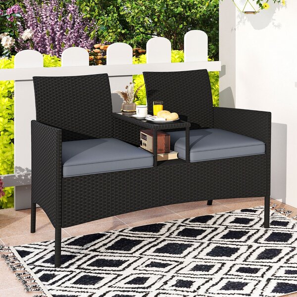 Costway Divano da esterno con tavolino integrato, Mobile in rattan per 2 persone con cuscini e piano in vetro temperato Nero