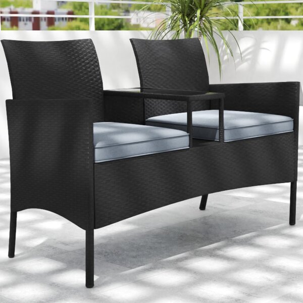 Costway Divano da esterno con tavolino integrato, Mobile in rattan per 2 persone con cuscini e piano in vetro temperato Nero