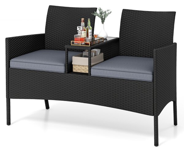 Costway Divano da esterno con tavolino integrato, Mobile in rattan per 2 persone con cuscini e piano in vetro temperato Nero