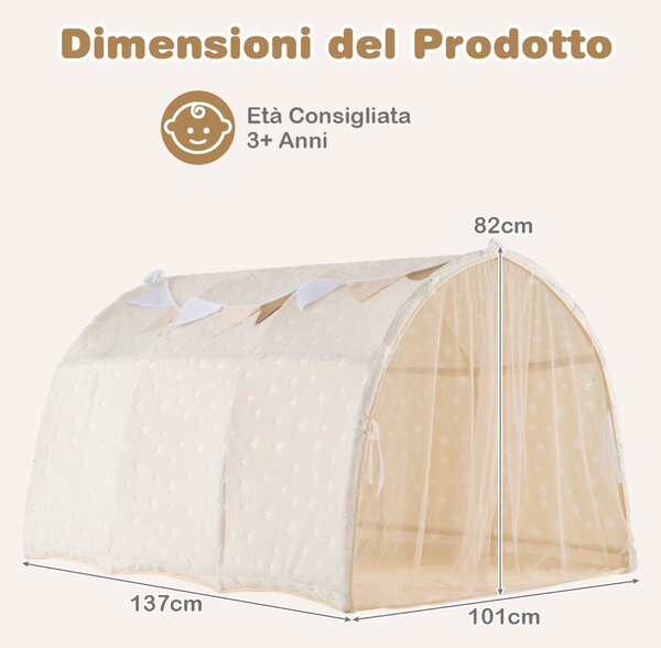 Costway Tenda da gioco interna per letto a castello singolo con stelle luminose al buio, Tenda letto per bambini Beige
