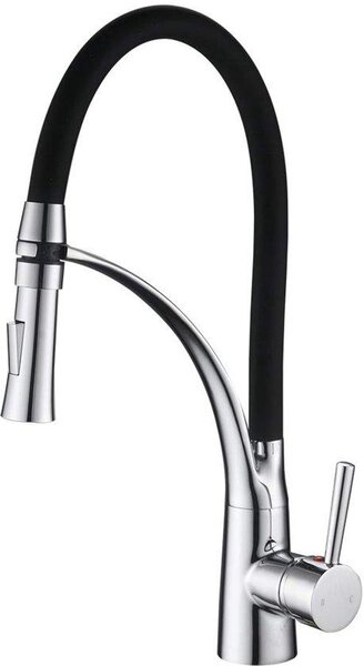 Rubinetto da cucina in silicone con testa girevole a 360°, in ottone cromato, doppia doccetta estraibile, tubo flessibile morbido nero