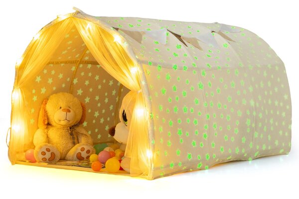 Costway Tenda da gioco interna per letto a castello singolo con stelle luminose al buio, Tenda letto per bambini Beige