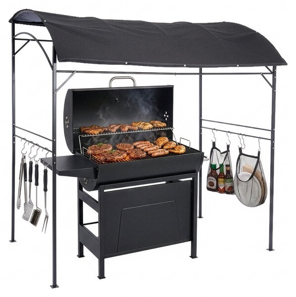 Gazebo per barbecue Relaxdays, A x L x P: 220 x 220 x 150 cm, 8 ganci, metallo, poliestere, gazebo da giardino per barbecue, tenda da barbecue, antracite