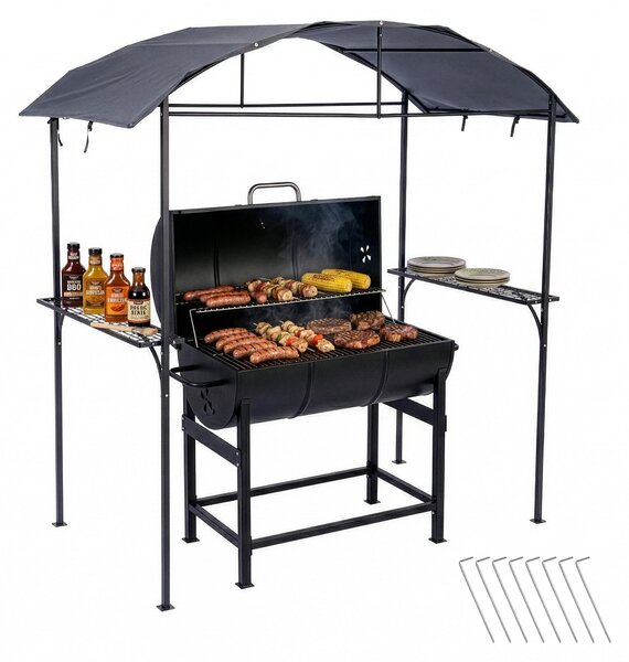 Gazebo per barbecue Relaxdays, A x L x P: 230 x 210 x 116 cm, con ripiani laterali, metallo, poliestere, gazebo da giardino per barbecue, antracite