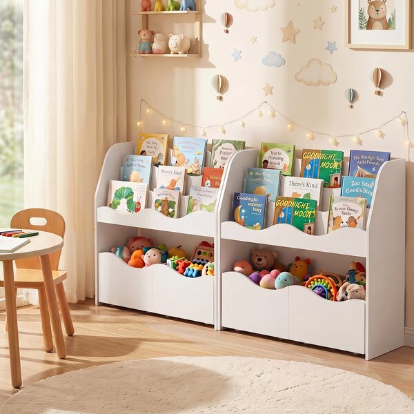 Costway 2 in 1 Libreria Montessori 3 livelli in legno con ruote 2 cassetti, Contenitore portagiochi per cameretta nido Bianco