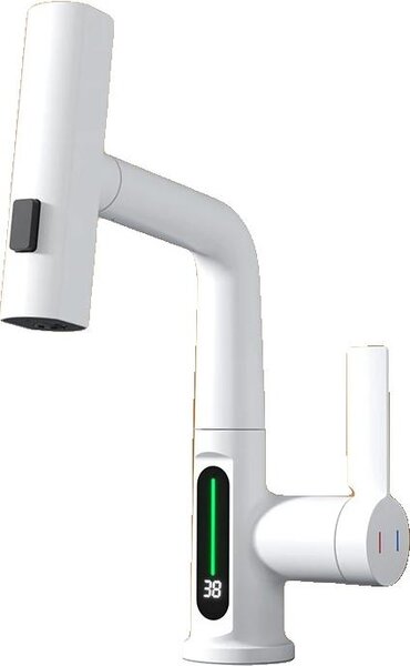 Rubinetto per lavabo, luce LED, doccetta estraibile, bianco