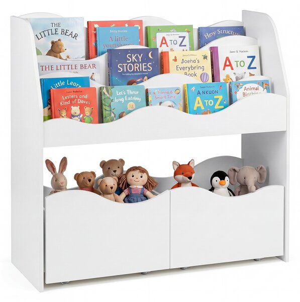 Costway 2 in 1 Libreria Montessori 3 livelli in legno con ruote 2 cassetti, Contenitore portagiochi per cameretta nido Bianco