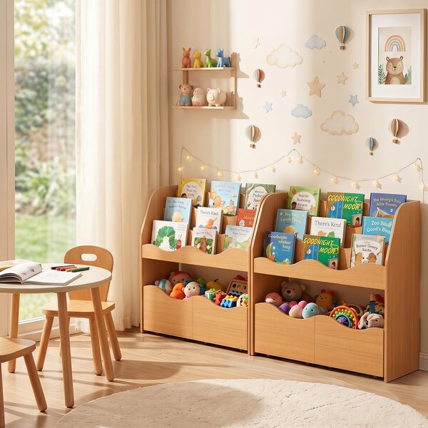 Costway 2 in 1 contenitore portagiochi 3 livelli in legno con ruote 2 cassetti, Libreria Montessori per cameretta nido Naturale