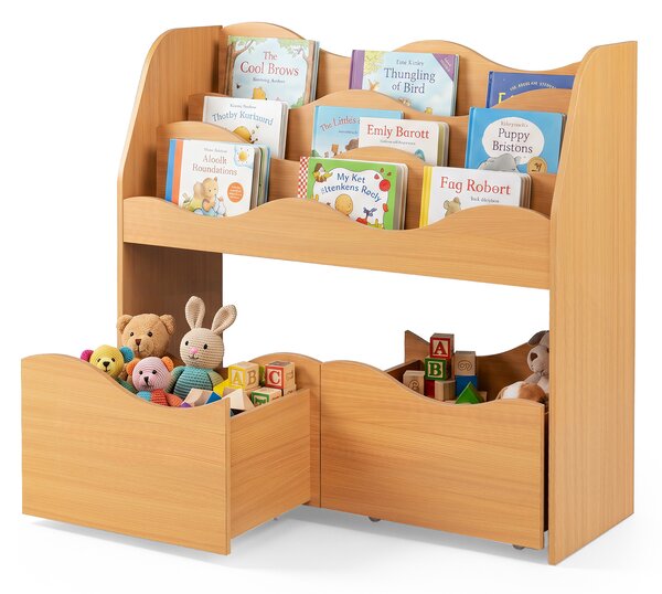 Costway 2 in 1 contenitore portagiochi 3 livelli in legno con ruote 2 cassetti, Libreria Montessori per cameretta nido Naturale