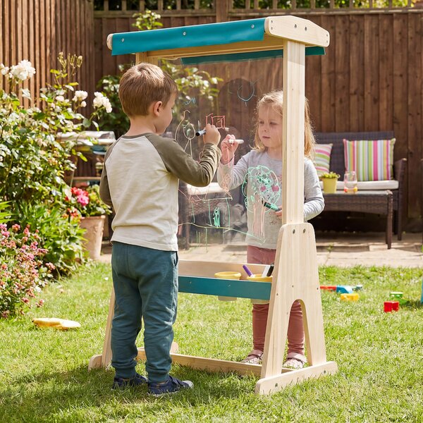 Costway Cavalletto esterno per bambini 3+ tettoia parasole pannello trasparente, Cavalletto pittura legno rotolo tazze colori