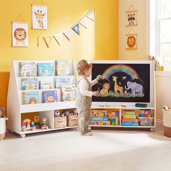 Costway Libreria montessori con lavagna per bambini, Scaffale portagiochi con ruote con ripiani e scomparti in Bianco